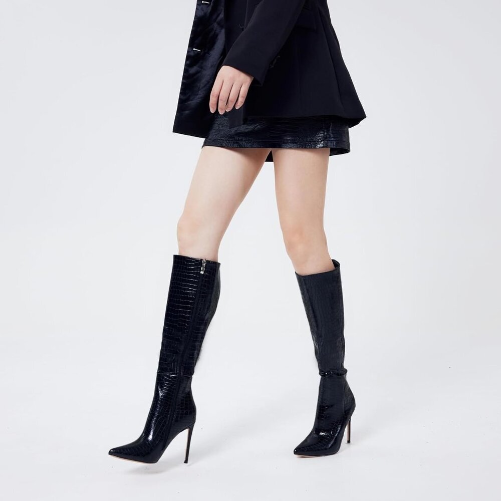 Women's Black Leather Suede Knee High Stiletto Tall Pointed Toe Stylish Boot - Picture 2 of 6